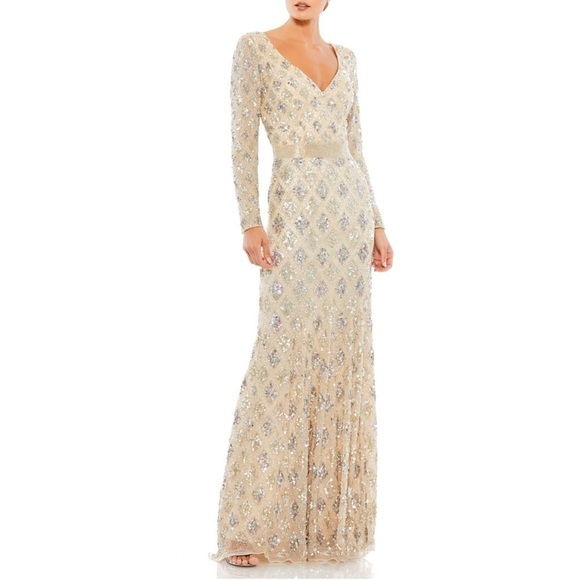 Mac Duggal Geometric Fully Embellished Long Sleeve Evening Gown Sz 8
